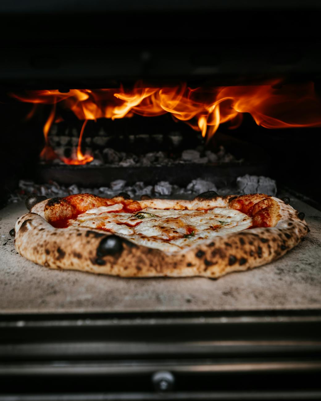pizza in an oven