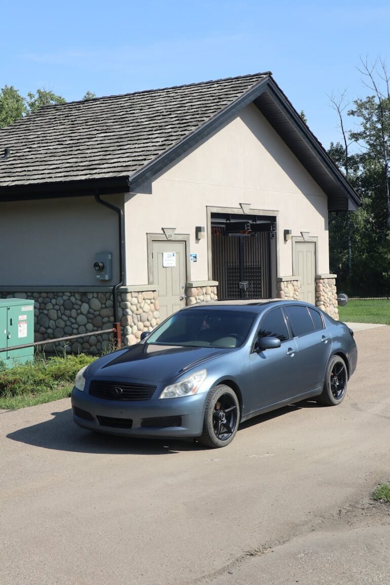 a black car parked in front of a building